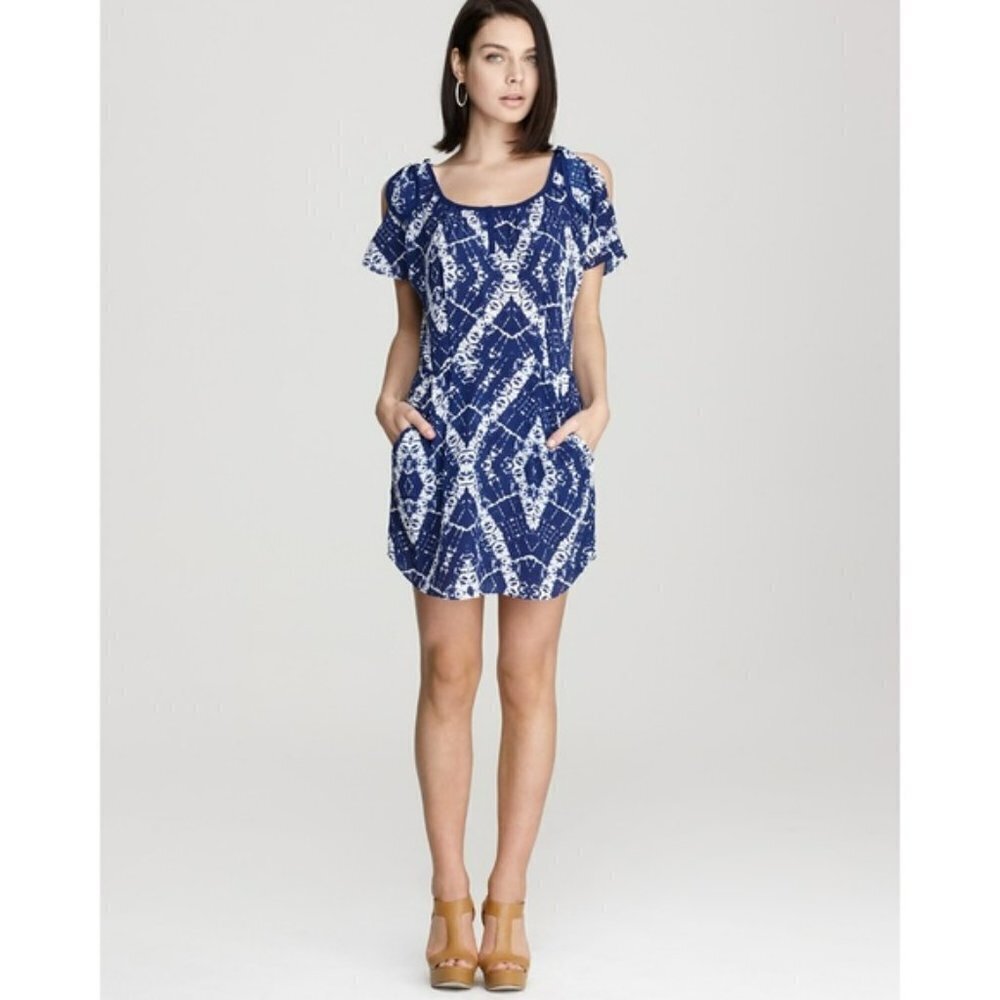 REBECCA Taylor Blue White 100% Silk Batik Print Mini Dress Ties at Shoulders 2